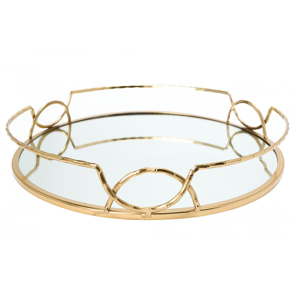 Tray with mirror L, metal, gold colour, D35x6cm