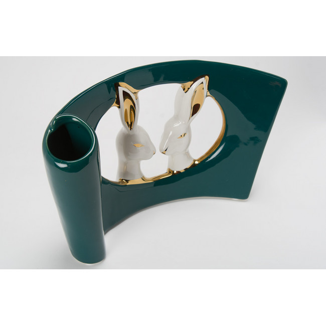 Decor Two rabbits, green/ white/gold, 25x9x16.5cm