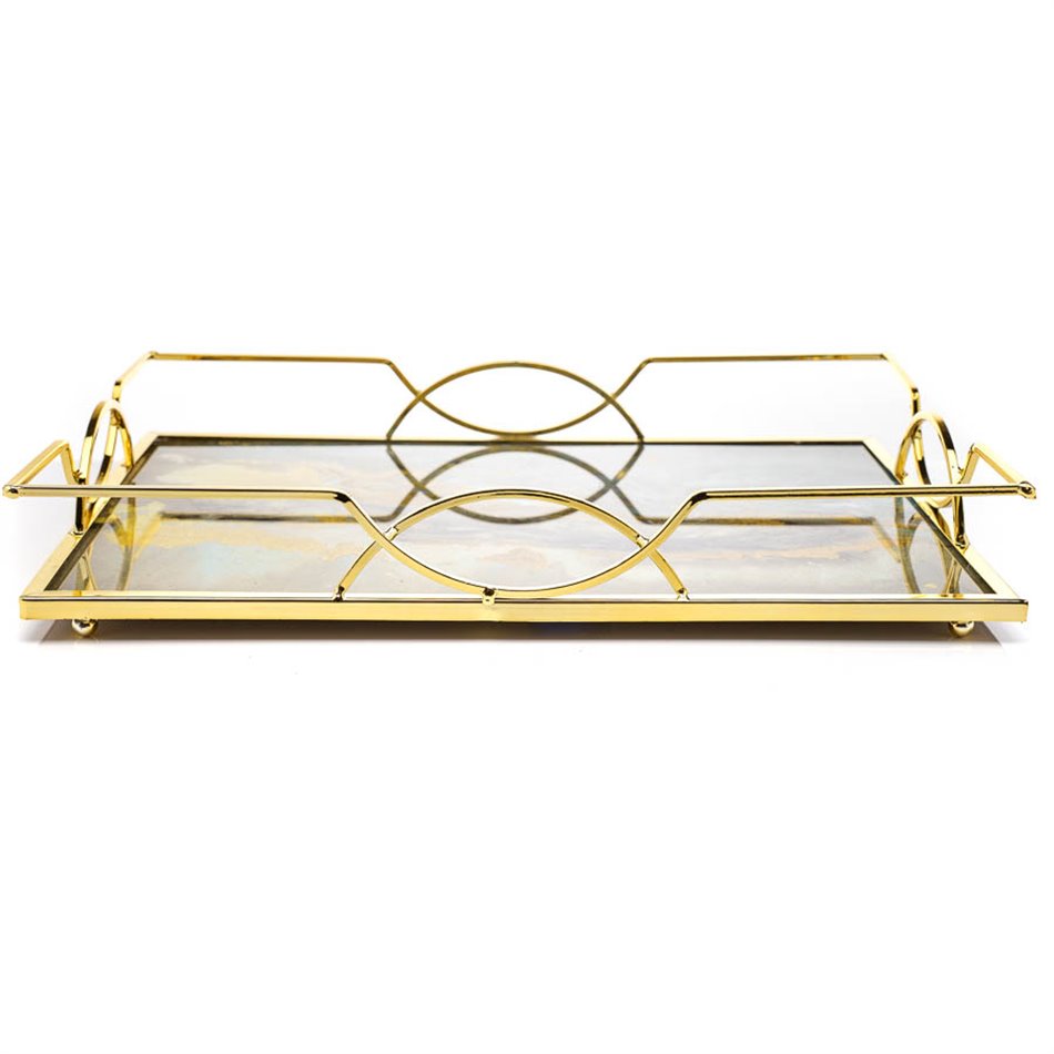 Tray L, metal/glass, golden/brown, 40x30x6cm