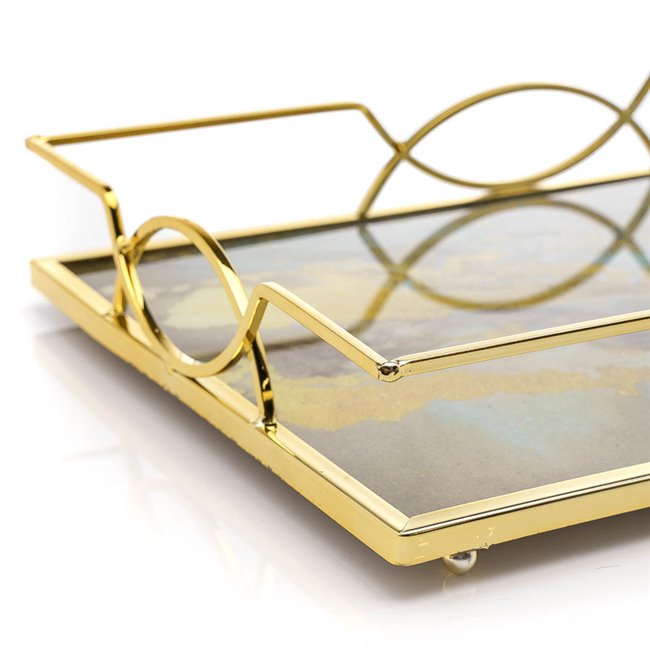 Tray L, metal/glass, golden/brown, 40x30x6cm