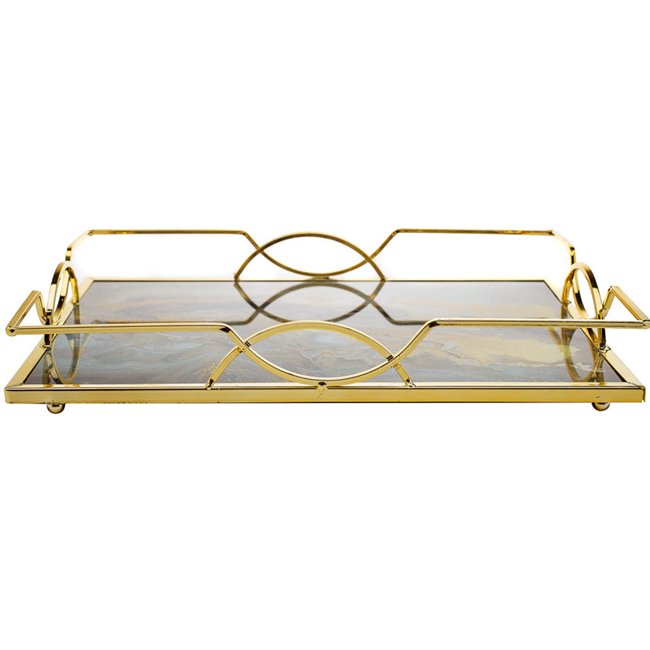 Tray S, metal/glass, golden/brown, 35x25x6cm