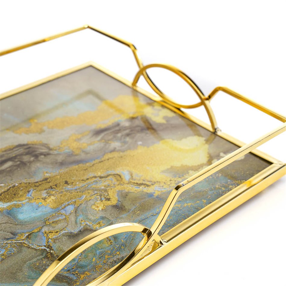 Tray S, metal/glass, golden/brown, 35x25x6cm