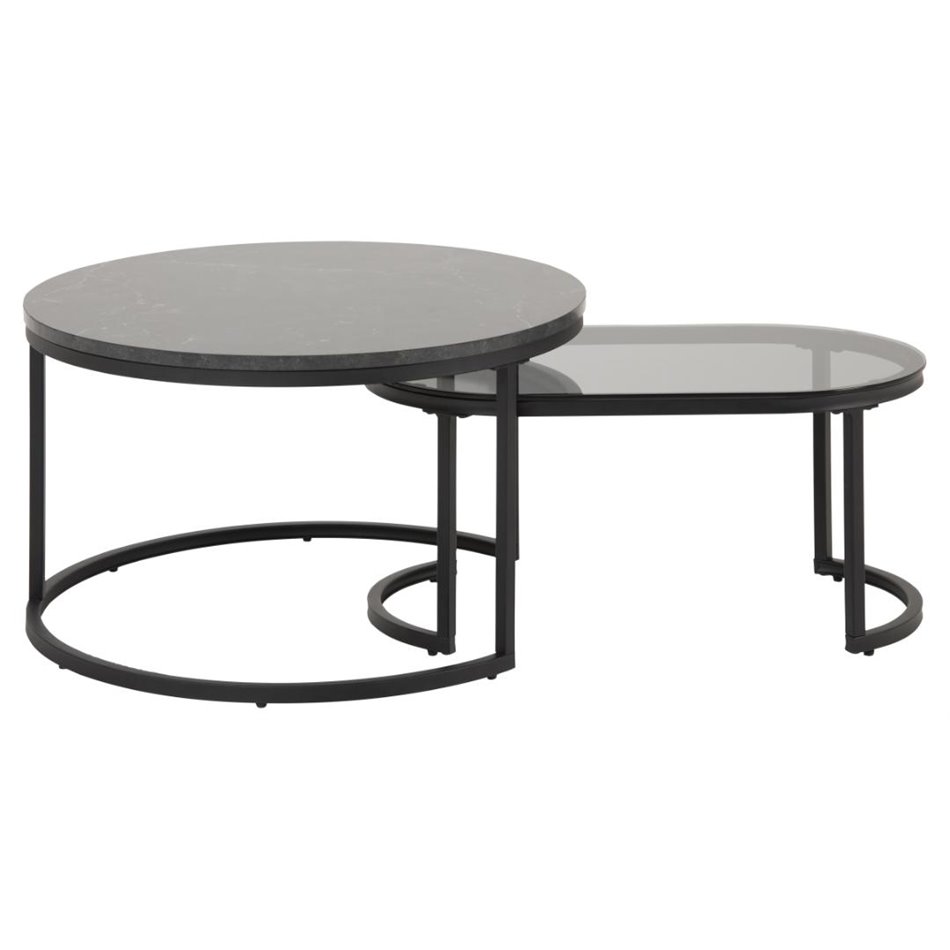 Coffee table set Aspiro,  2 pcs, top smoked glass/black artificial marble, H42xD70cm