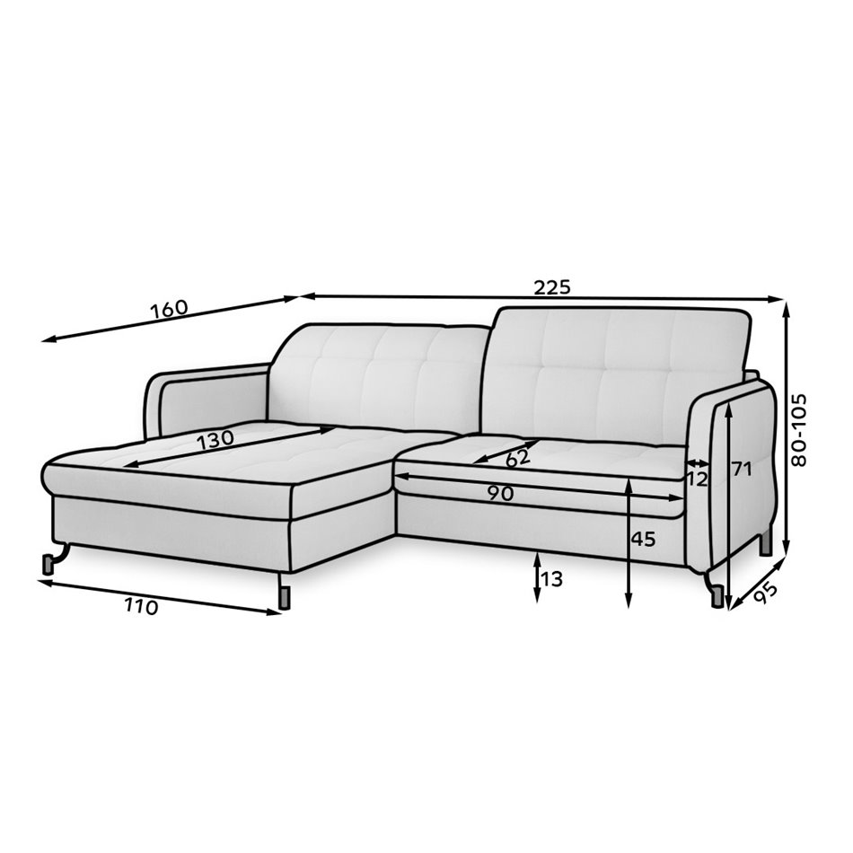 Corner sofa Elorelle L, Dora 90, gray, H105x225x160cm