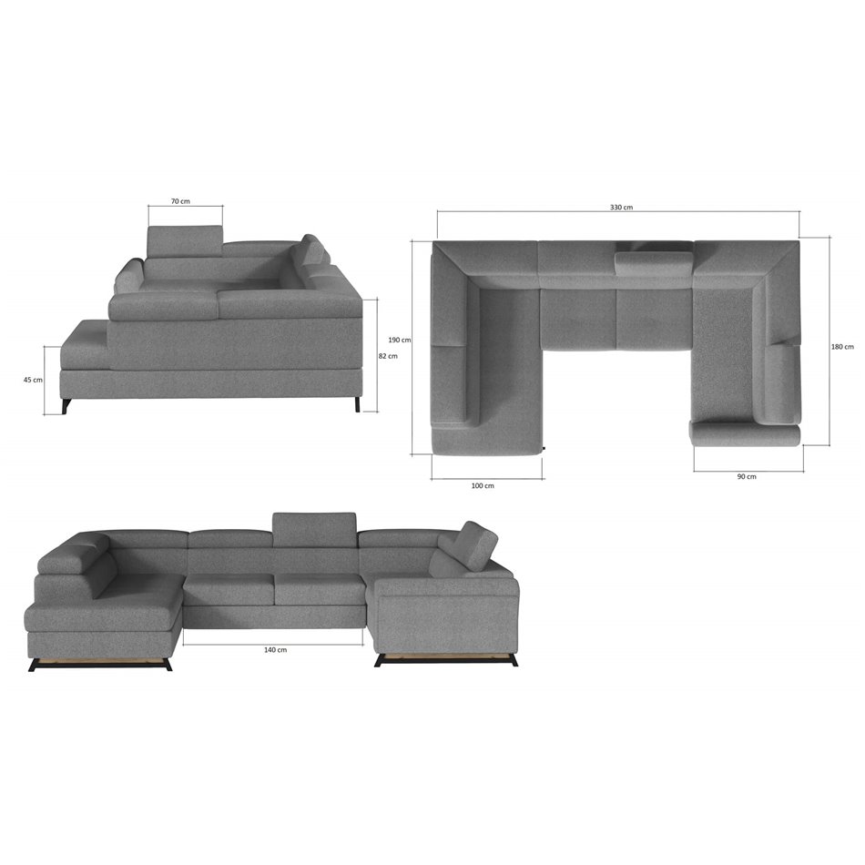 U shape sofa Elscada U Left, Sawana 14, black, H98x330x200cm