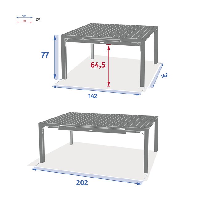 Table Laevasion, 10-seater, extendable, gray/graphite color, aluminium, H77x142x142-202cm