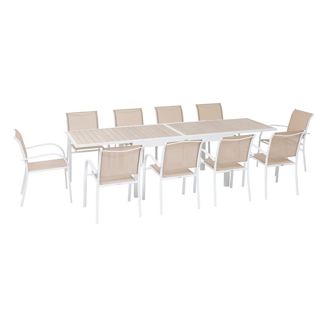 Table Lapiazza, 10-seater extendable, linen/white color, aluminium, H75,5x90x135-270cm