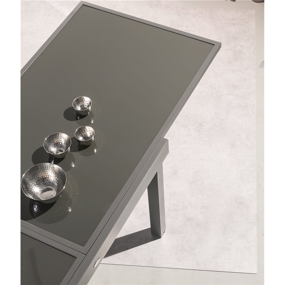 Table Lapiazza, 8-seater extendable, graphite/grey color, aluminium/tempered glass, H75,5x90x90-180cm