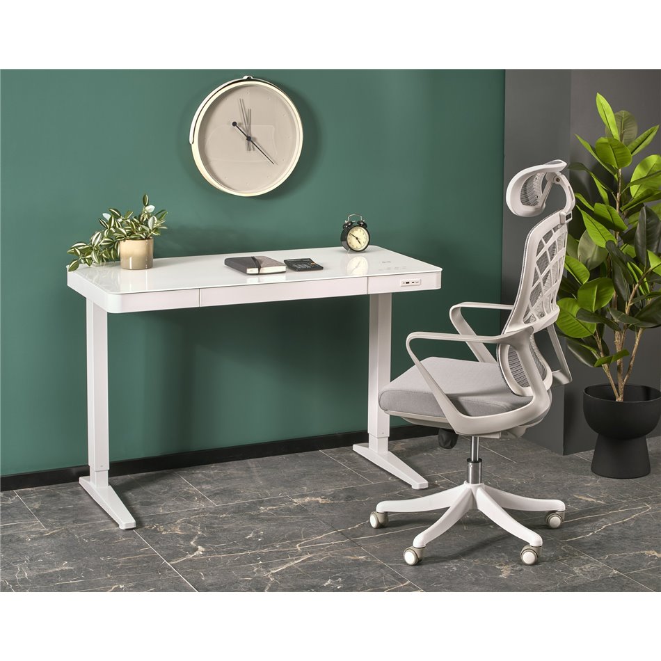 Desk Hendryss, with height adjustment function, white, glass/steel,  H77-120x120x60cm