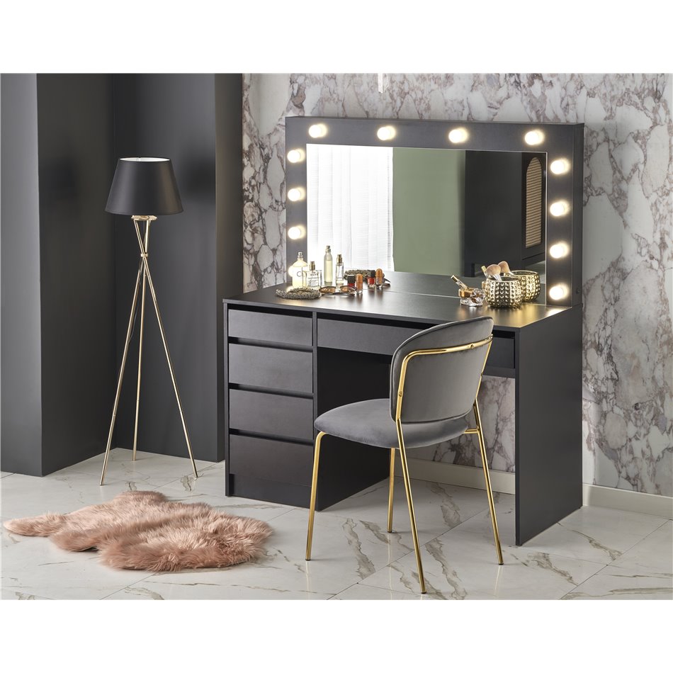 Dressing table with mirror Holwud XL, black, MDF/LED lights, H140x120x55cm