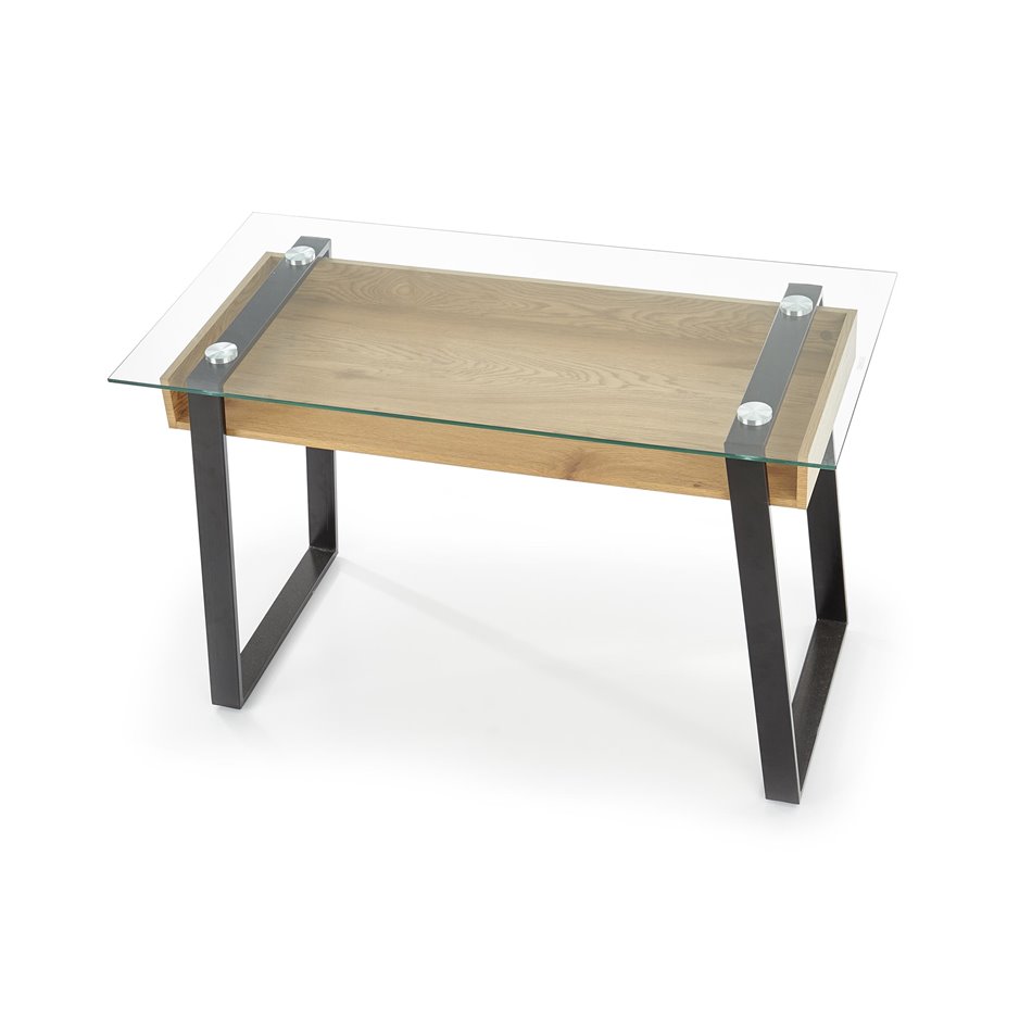 Desk Halvion, golden color oak/black, glass/MDF/steel,  H75x120x60cm