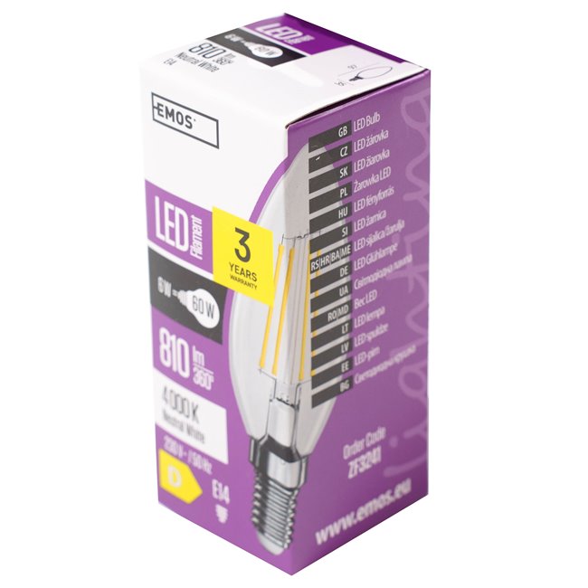 LED Bulb FLM Candle NW E14 6W, 810lm, 4000K, H10cm D3.5cm