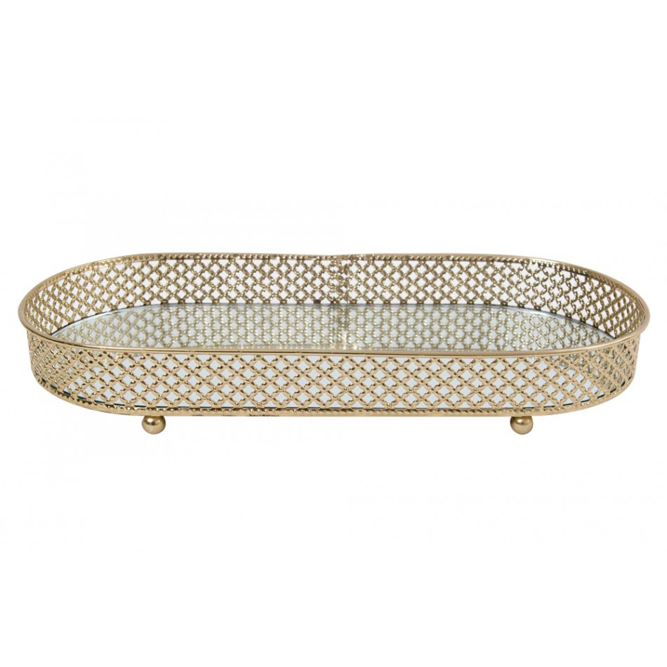 Tray with mirror S, metal, gold colour, 28x13.5x4cm