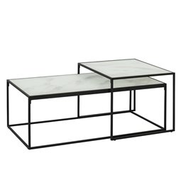 Coffee table set Alton,  2 pcs, glass, white marble look/black legs H43x100x55cm