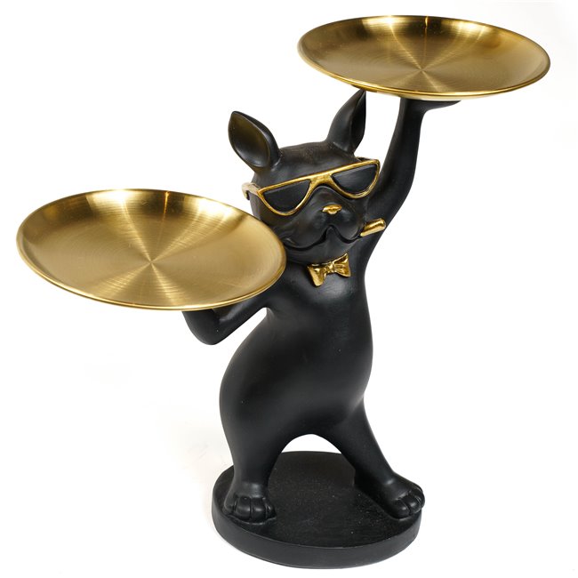 Decor Cat with tray, black/golden, 33x30x20cm