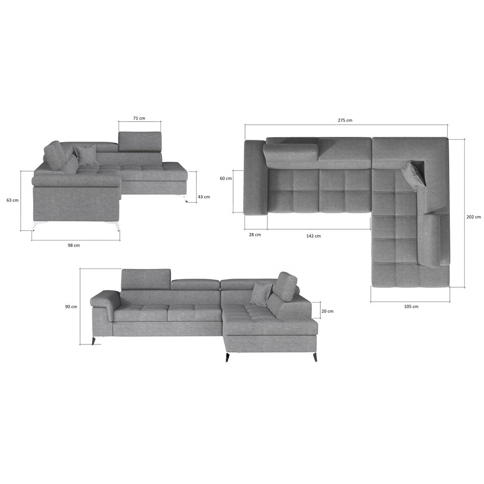 Corner sofa Elridano L, Berlin 01, gray, H90x275x202cm