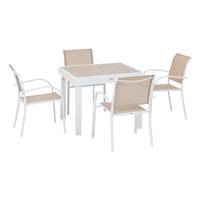 Table Lapiazza, 8-seater extendable, linen/white color, aluminium, H75,5x90x90-180cm