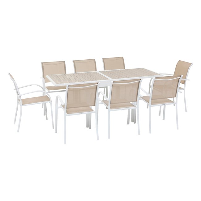 Table Lapiazza, 8-seater extendable, linen/white color, aluminium, H75,5x90x90-180cm