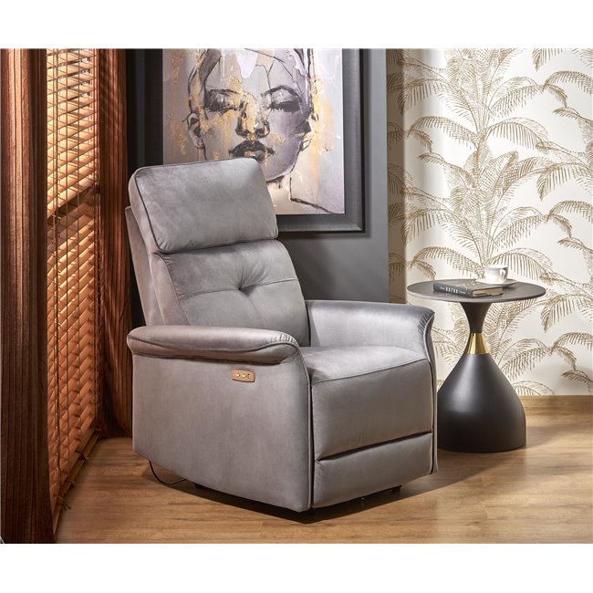 Electric recliner Hemiro, grey velvet, USB charging socket, W90-170x80cm, H92-108cm, seat H46cm