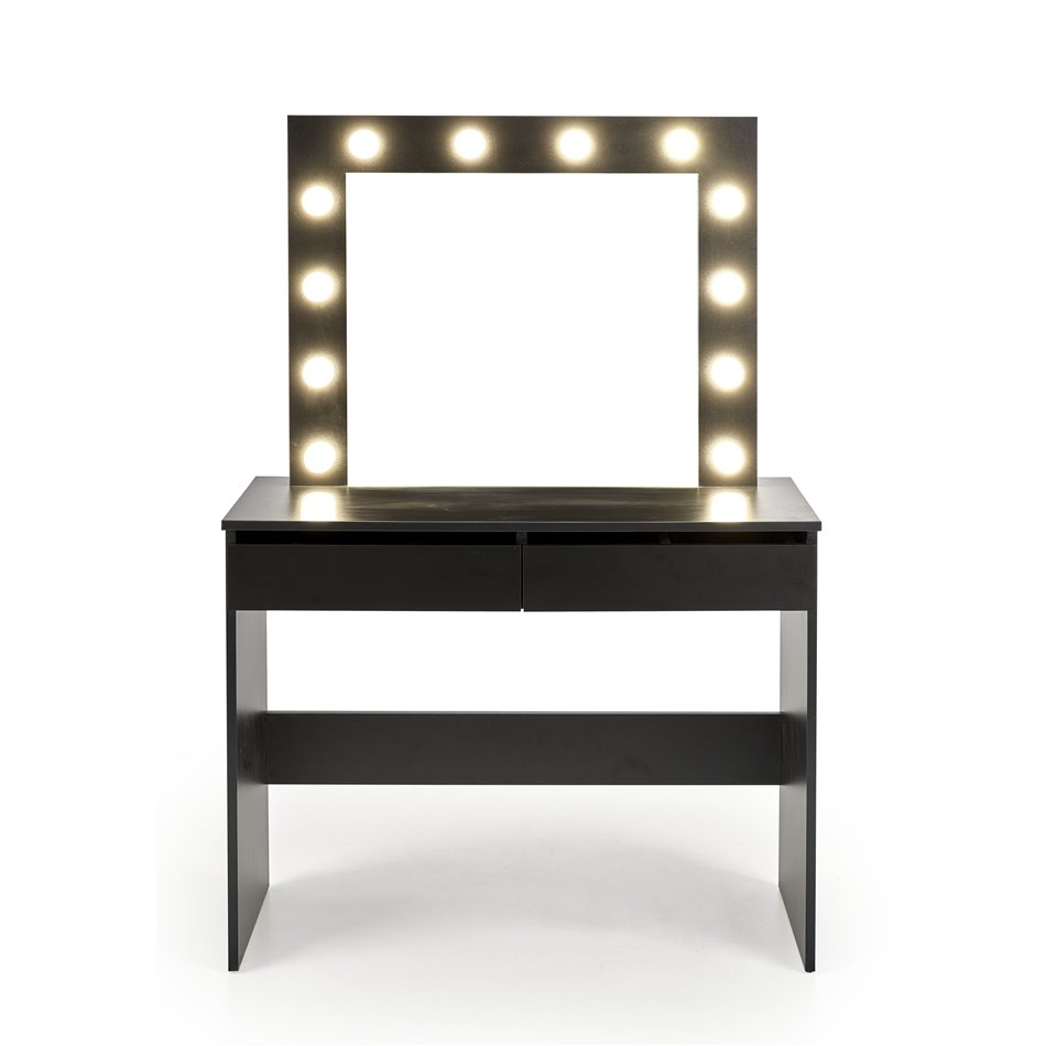 Dressing table with mirror Holwud, black, MDF/LED lights, H140x94x43cm