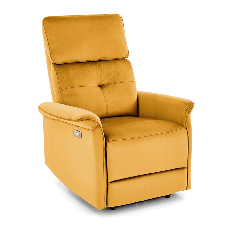 Electric recliner Hemiro, mustard color velvet, USB charging socket, W90-170x80cm, H92-108cm, seat H46cm