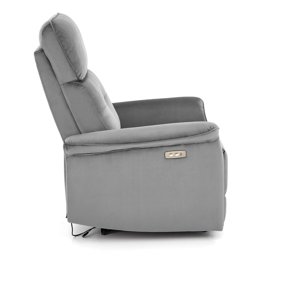 Electric recliner Hemiro, grey velvet, USB charging socket, W90-170x80cm, H92-108cm, seat H46cm