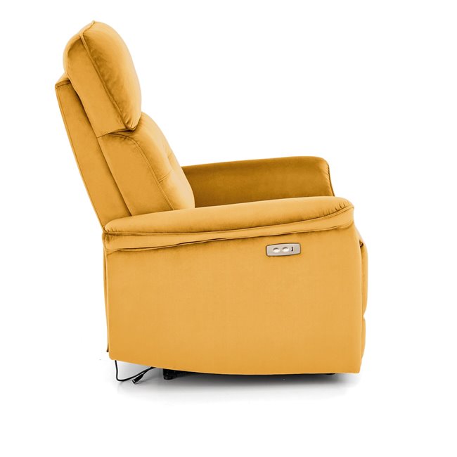 Electric recliner Hemiro, mustard color velvet, USB charging socket, W90-170x80cm, H92-108cm, seat H46cm