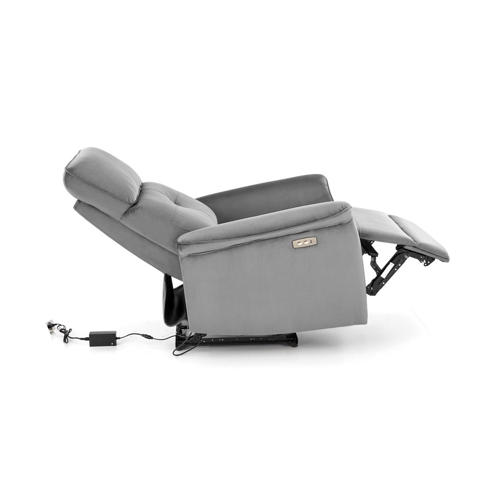 Electric recliner Hemiro, grey velvet, USB charging socket, W90-170x80cm, H92-108cm, seat H46cm