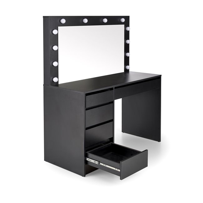 Dressing table with mirror Holwud XL, black, MDF/LED lights, H140x120x55cm