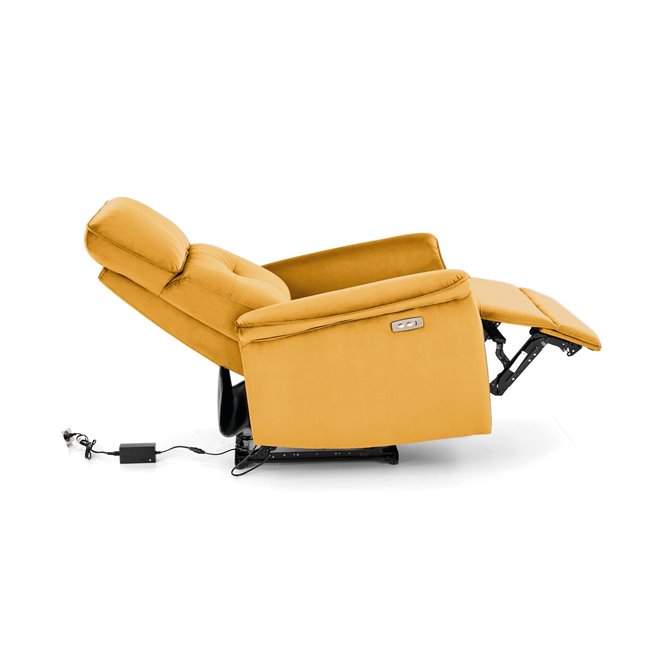 Electric recliner Hemiro, mustard color velvet, USB charging socket, W90-170x80cm, H92-108cm, seat H46cm