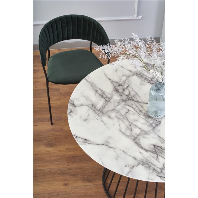 Dining table Haroway, artificial white marble/black, MDF/steel, D110cm, H75cm