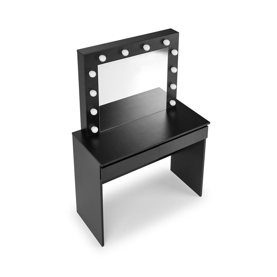 Dressing table with mirror Holwud, black, MDF/LED lights, H140x94x43cm