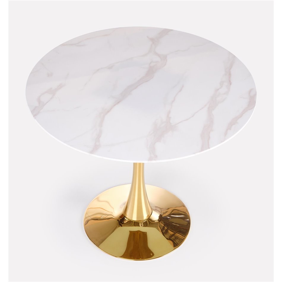 Table Hasemiro, white marble look/gold, glass/steel,  D90cm, H75cm