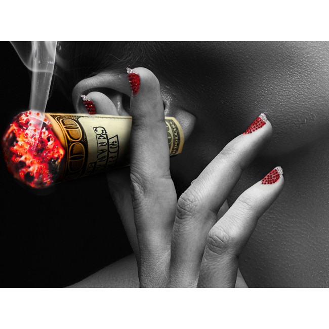 Glass picture Smoking beauty with red lips, 80x120cm