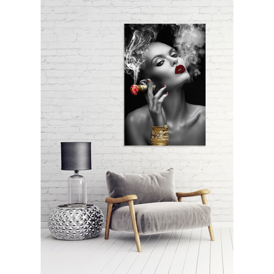 Glass picture Smoking beauty with red lips, 80x120cm