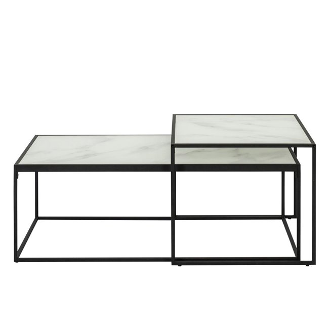 Coffee table set Alton,  2 pcs, glass, white marble look/black legs H43x100x55cm