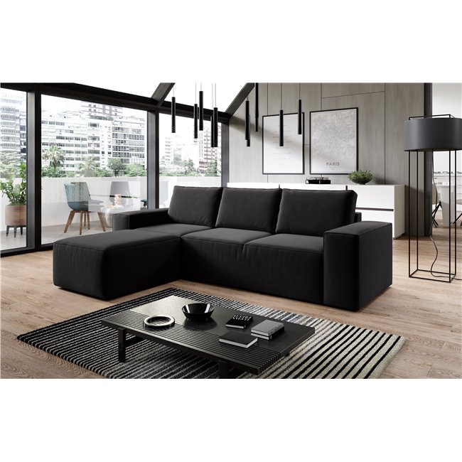 Kampinė sofa Elsilla L, Velvetmat 10, juoda sp., H95x302x204