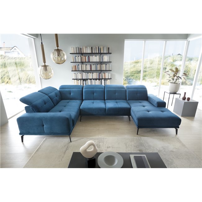 Kampinė sofa Elneviro L, Lukso 38, mėlyna sp., H77x350x201