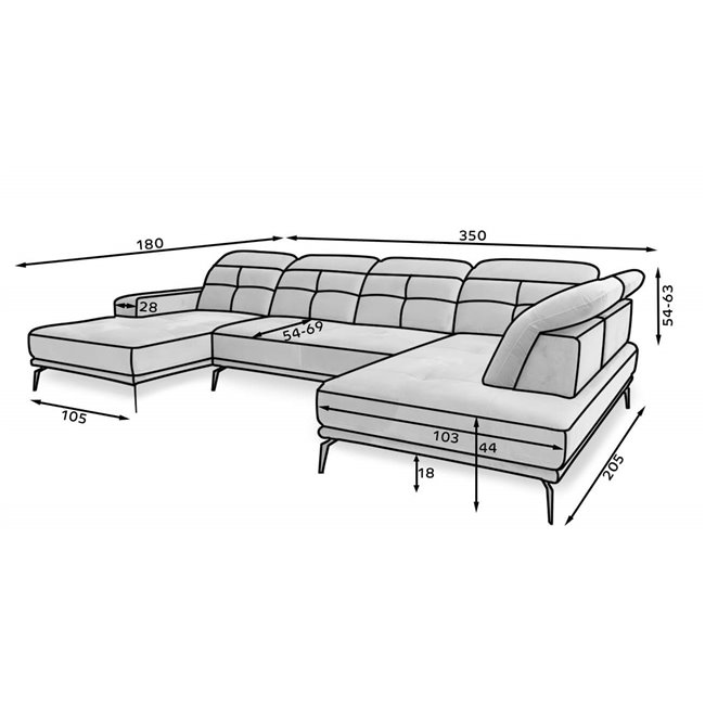 U shape sofa Elretan U Left, Lukso 10, black, H107x350x205cm