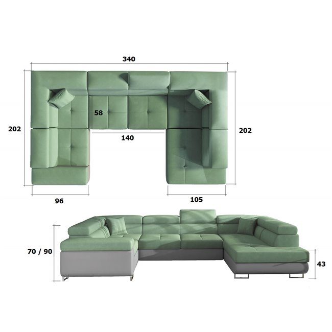 U shape sofa Eletto U Right, Kronos 19, green, H90x202x58cm