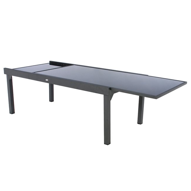 Table Lapiazza, 12-seater extendable, graphite/grey color, aluminium/tempered glass, H75,5x100x200-320cm