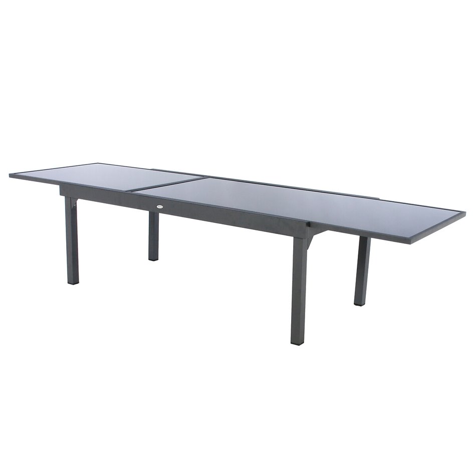 Table Lapiazza, 12-seater extendable, graphite/grey color, aluminium/tempered glass, H75,5x100x200-320cm