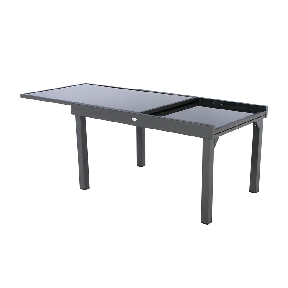 Table Lapiazza, 10-seater extendable, graphite/grey color, aluminium/tempered glass, H75,5x90x135-270cm