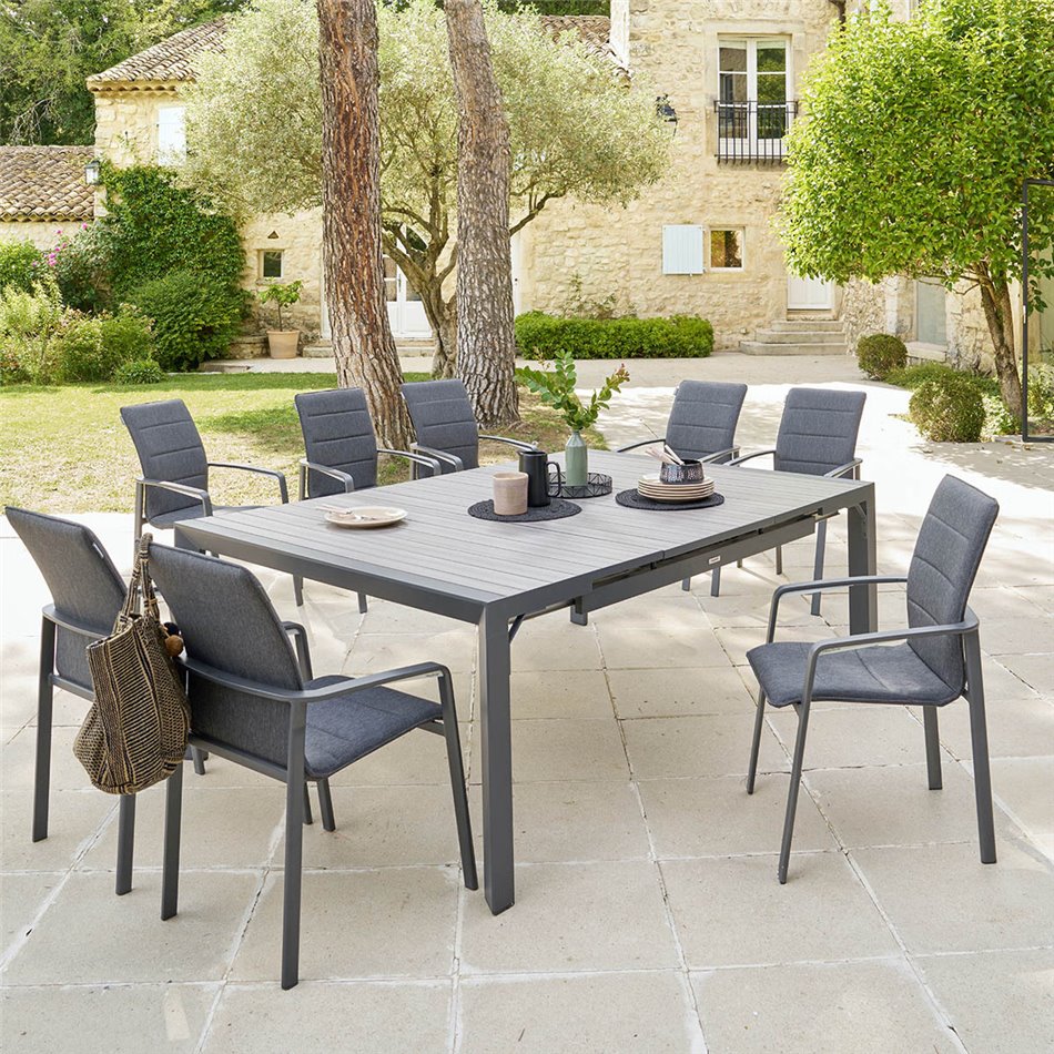 Table Laevasion, 10-seater, extendable, gray/graphite color, aluminium, H77x142x142-202cm