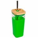 Glass tumbler Green w cover, straw, 540ml, H18 D8cm