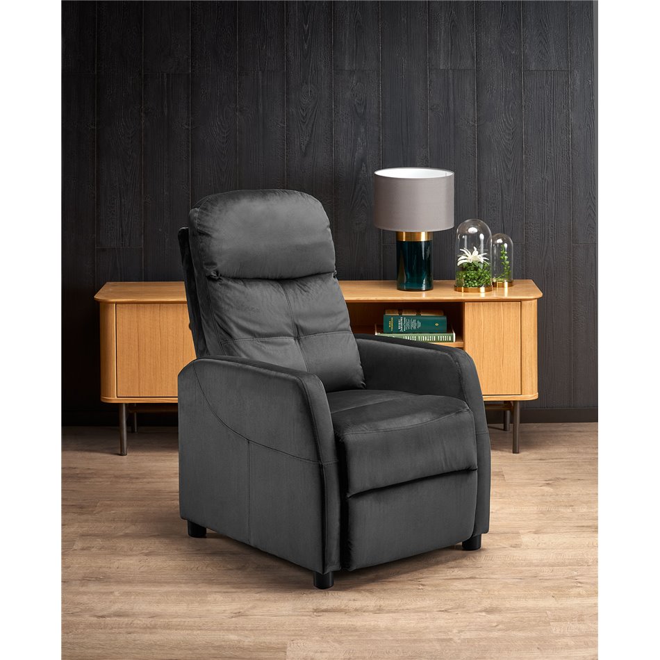 Recliner chair Helipe, black velvet, H103-76x64x84-135cm, seat H48cm