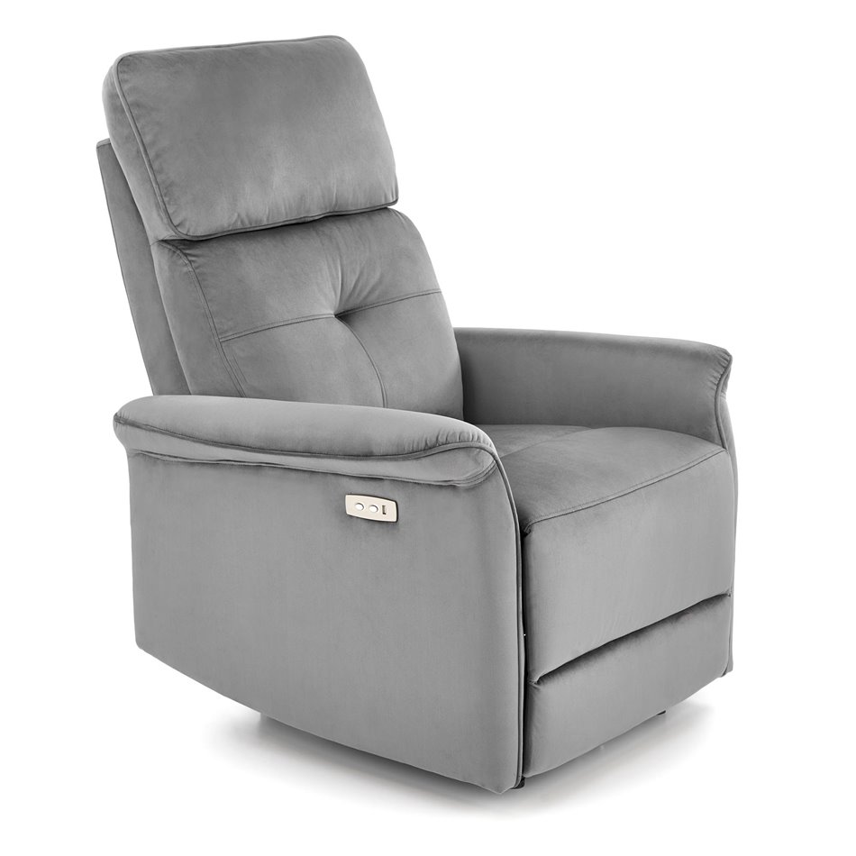 Electric recliner Hemiro, grey velvet, USB charging socket, W90-170x80cm, H92-108cm, seat H46cm