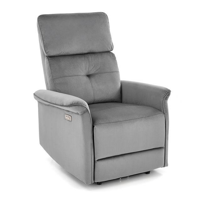 Electric recliner Hemiro, grey velvet, USB charging socket, W90-170x80cm, H92-108cm, seat H46cm