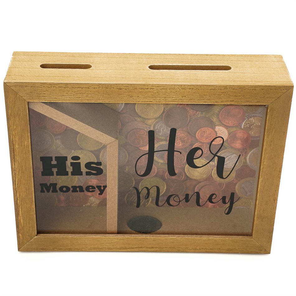 Saving box His and Her money, wooden, 20x15cm