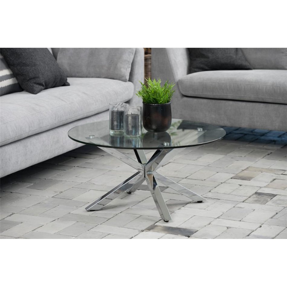 Coffee table Aheaven, top glass/silver legs, D82cm, H40cm